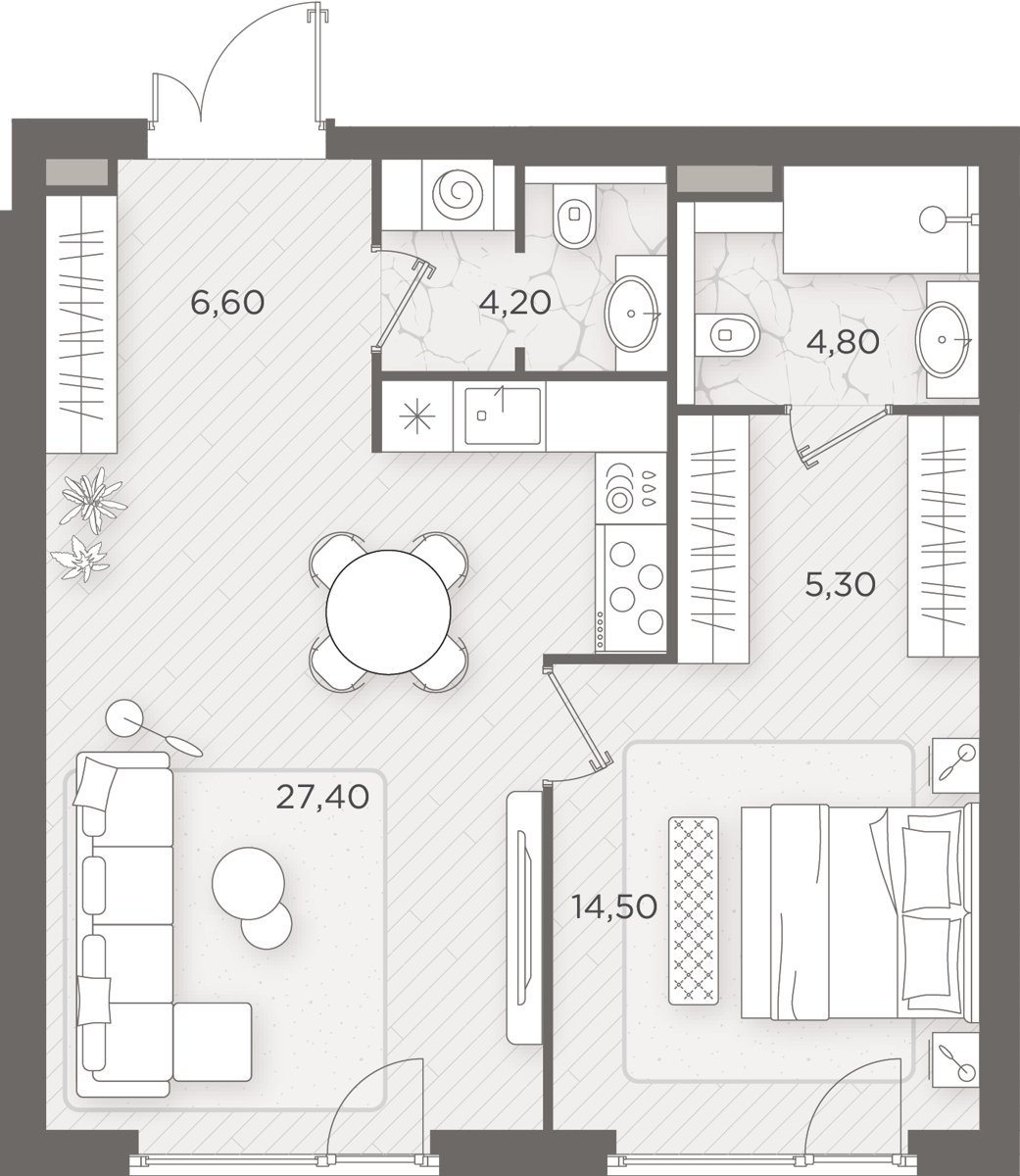 1-комнатная 62.8 м²